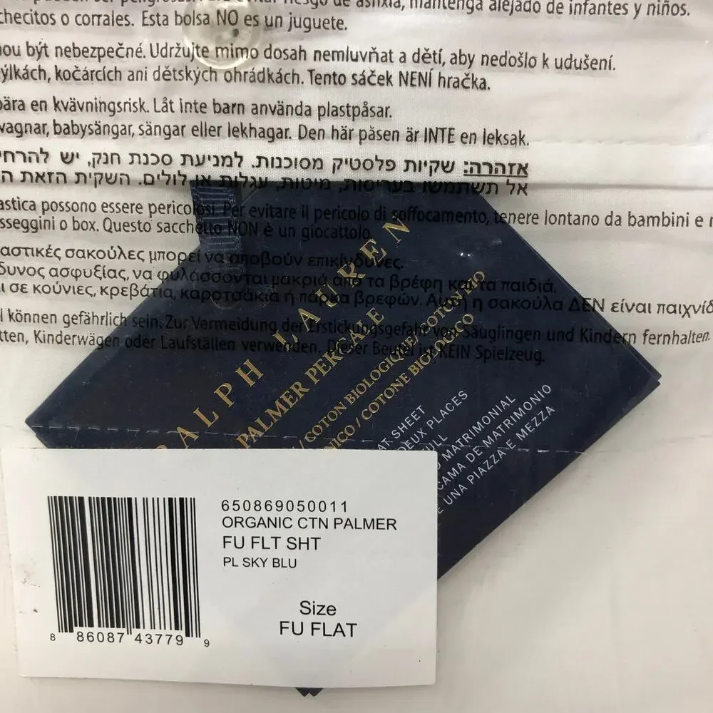 Ralph Lauren Organic Cotton Percale Palmer Full Flat Sheet White Pale Sky Blue